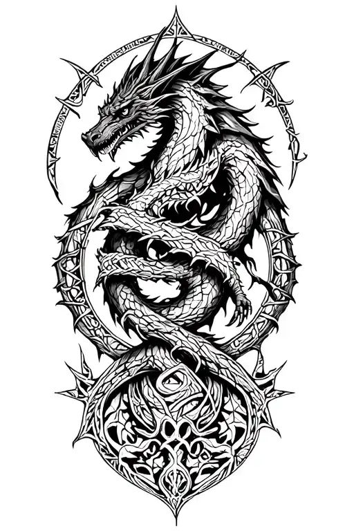 nordic tree of life with a nordic dragon wrapped around and runes surrounding it tattoo design idea