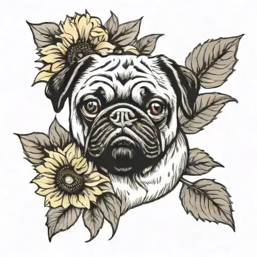 Black pug face with sunflower blooming tattoo design idea