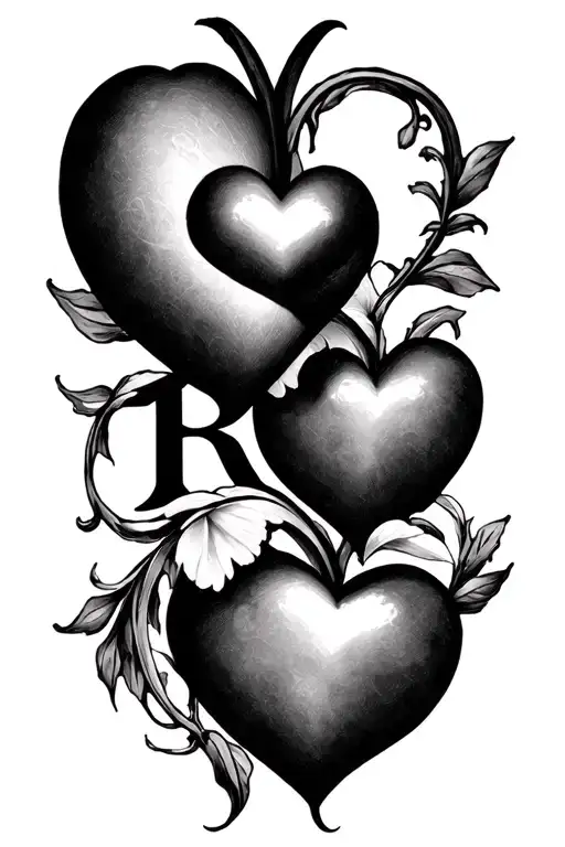 three hearts inside each other with the letter R tattoo design idea