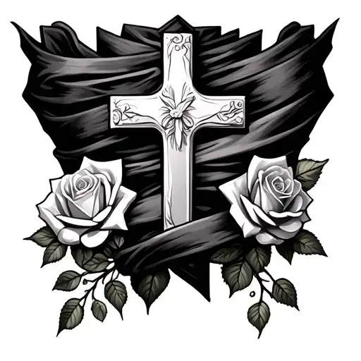 cross wraped in cloth with roses around it realistic  tattoo design idea