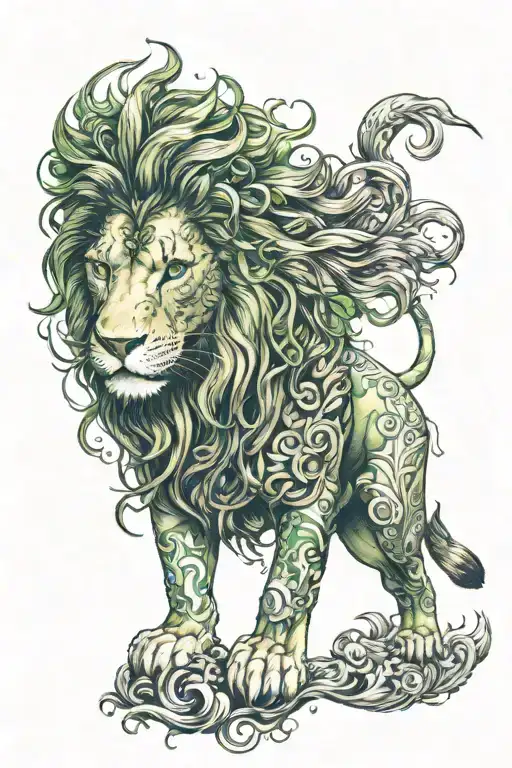 A mystical tattoo featuring a young girl with brown hair and green eyes, representing the Aries zodiac sign and exuding a fiery aura, with a lion as her spirit animal, all in a realistic style tattoo design idea