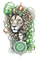 A mystical tattoo featuring a young girl with brown hair and green eyes, representing the Aries zodiac sign and exuding a fiery aura, with a lion as her spirit animal, all in a realistic style tattoo design idea