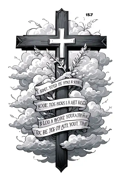 2 Chroncicles 15:7 Bible verse with cross and clouds  tattoo design idea