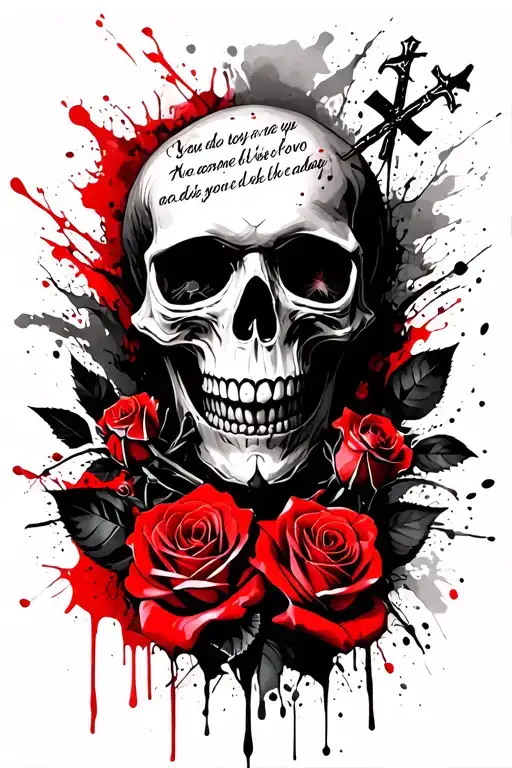 skulls vampire crosses roses with a quote about love tattoo design idea