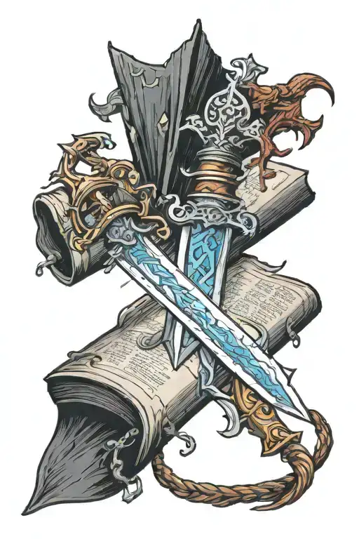 fantasy sword, d20 in hilt, stabbing through open spell book tattoo design idea