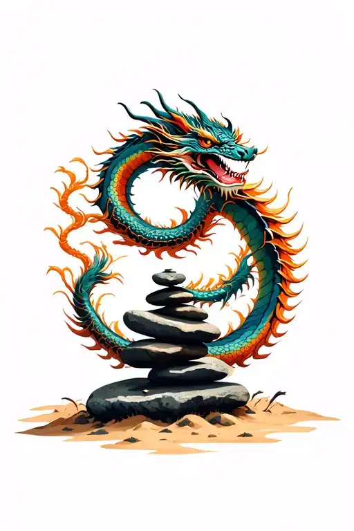 balancing rocks in a sand zen garden with a dragon encircling tattoo design idea