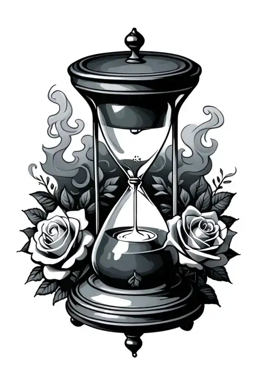 old school design. SandTimer and roses with smoke rising tattoo design idea