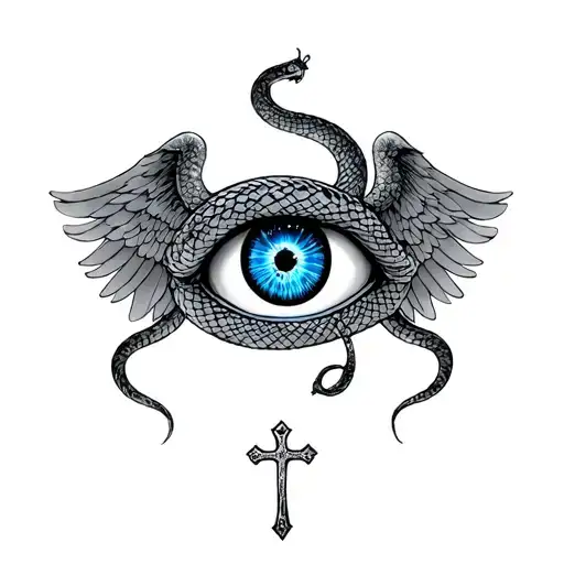 a wide blue eye with a double headed snake around it and wings with a cross tattoo design idea