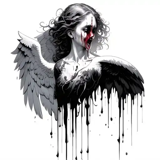 angel crying blood tears flowing from its eyes wings spread tattoo design idea