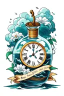 time in a bottle with clock and storm clouds inside and waves with Hoya flowers around the bottle and banner  tattoo design idea