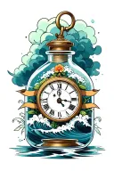 time in a bottle with clock and storm clouds inside and waves with Hoya flowers around the bottle and banner  tattoo design idea