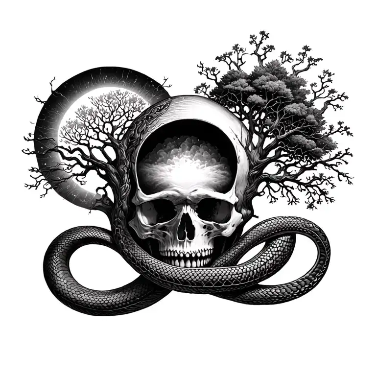 Blackwork chest tattoo: an open skull with a tree growing inside, a snake in ouroboros shape around it, a solar eclipse  tattoo design idea