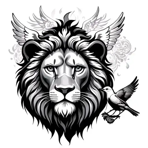 lion head, hamsa eye, angels and birds tattoo design idea