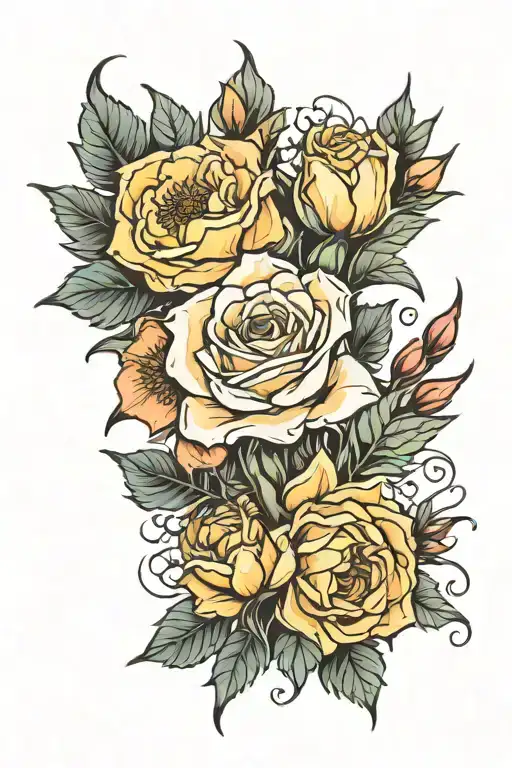 English rose, daffodil and thistle flowers tattoo design idea
