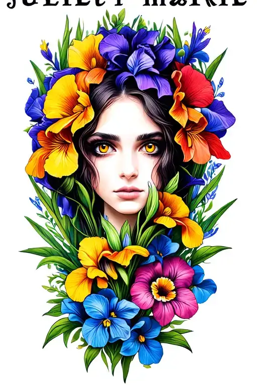 the name "juliet marie" with a floral backdrop with irises tattoo design idea