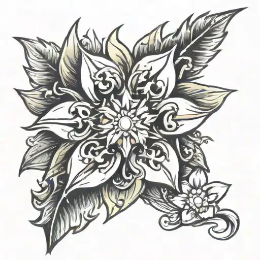 Draw a tattoo about leaving the military and embracing the surf lifestyle. Include an edelweiss in the drawing tattoo design idea