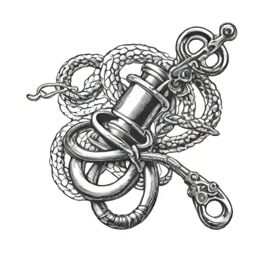 A detailed blackwork tattoo of a doctor's stethoscope intertwined with a fishing hook, symbolizing the client's passion for fishing and their occupation as a doctor tattoo design idea