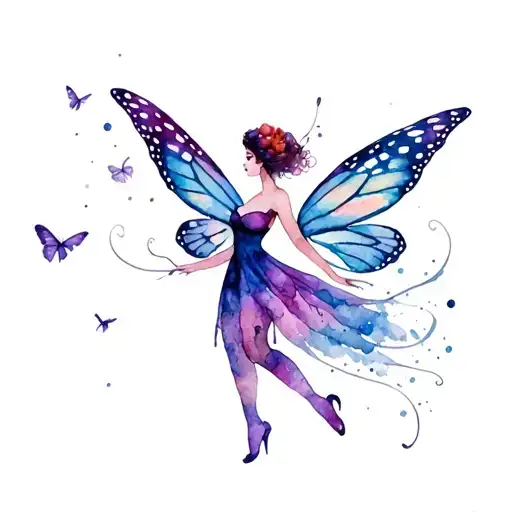 pixie fairy with monarch butterfly wings dancing  tattoo design idea