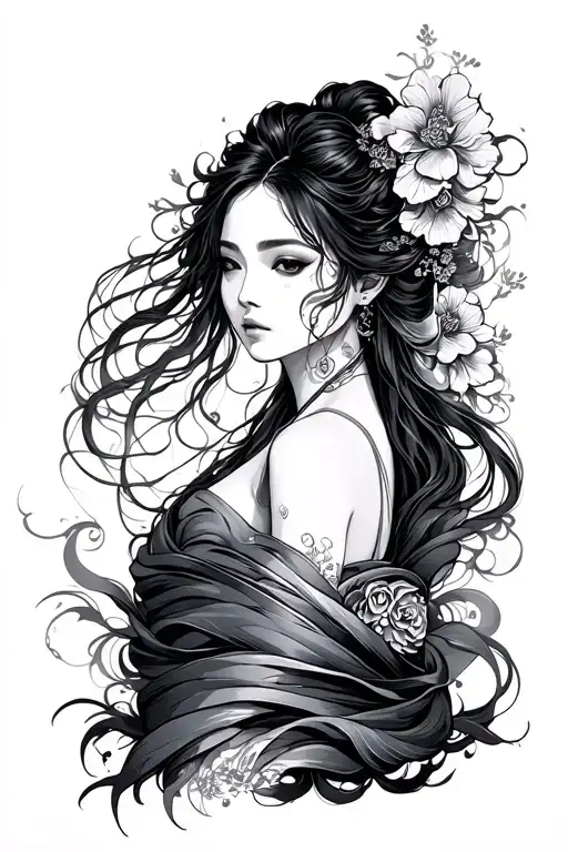 Full sleeve tattoo design in fine-line and post-manga style, featuring a mysterious Japanese woman with flowing hair, st tattoo design idea