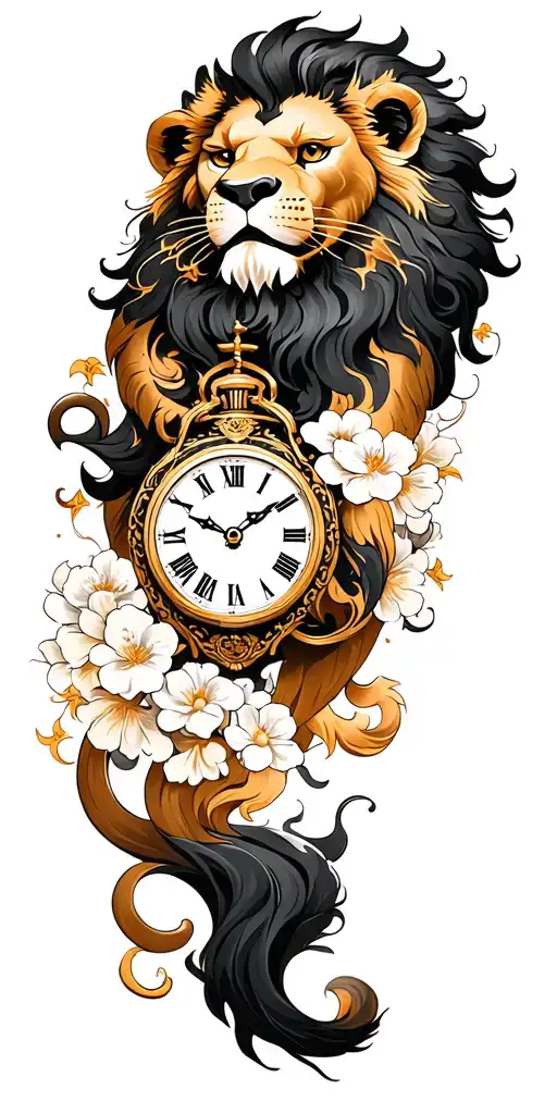 lion and clock tattoo design idea