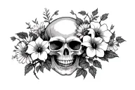 skull with morning glory vine and aster flower blooming tattoo design idea
