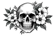 skull with morning glory vine and aster flower blooming tattoo design idea