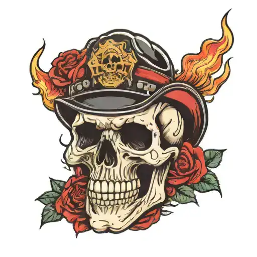 skull wearing fire fighter hat, red roses, wearing Harley Davidson jacket tattoo design idea