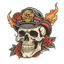 skull wearing fire fighter hat, red roses, wearing Harley Davidson jacket tattoo design idea