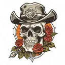 skull wearing fire fighter hat, red roses, wearing Harley Davidson jacket tattoo design idea