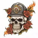 skull wearing fire fighter hat, red roses, wearing Harley Davidson jacket tattoo design idea