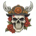 skull wearing fire fighter hat, red roses, wearing Harley Davidson jacket tattoo design idea