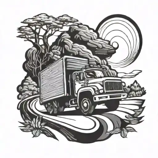 A truck driver silhouette playing a guitar on a winding road tattoo design idea