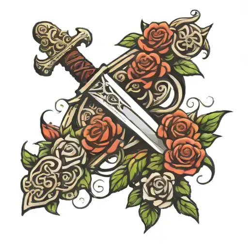 sword with rose vine wrapped around it tattoo design idea
