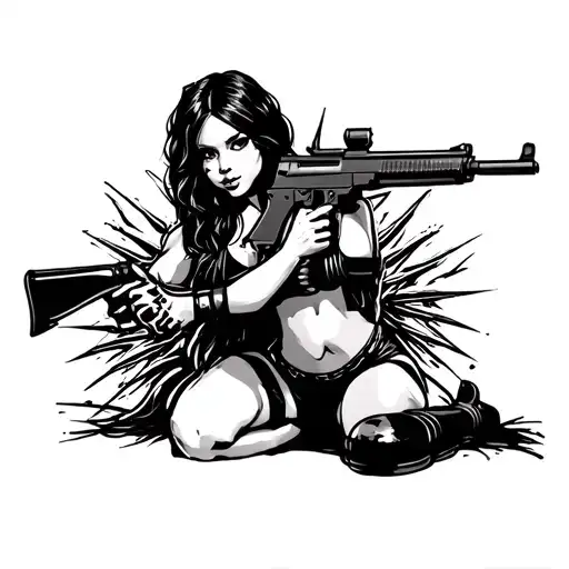 Draw me american trad pinup of a trad goth girl on her knees holding an ak47 (side view) and have the gun that she’s hol tattoo design idea