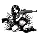 Draw me american trad pinup of a trad goth girl on her knees holding an ak47 (side view) and have the gun that she’s hol tattoo design idea