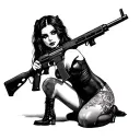 Draw me american trad pinup of a trad goth girl on her knees holding an ak47 (side view) and have the gun that she’s hol tattoo design idea