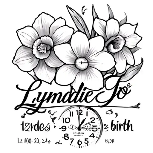"Lyndie Jo" half sleeve daffodil flower, under add clock with time of birth and date of birth 12/10/2024 tattoo design idea