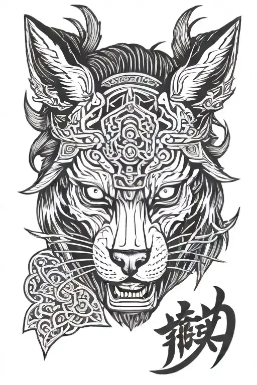 samurai warriors with wolf mask with god marking tattoo design idea