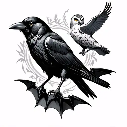 Make a symbolic tattoo using a crow, a Raven, a bat, a dove, and an owl. tattoo design idea