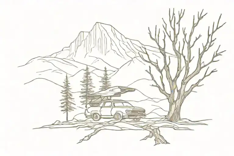 blade runner style with dead tree and vehicle from the future with mountain in background but minimalist style, less tattoo design idea