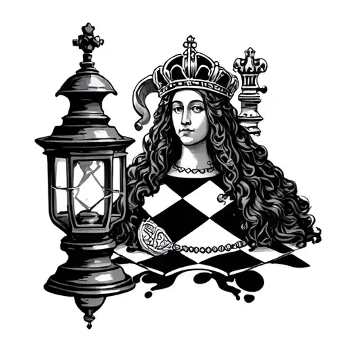 a medieval lantern and a chess piece called a queen on a chessboard. The images should be superimposed. tattoo design idea