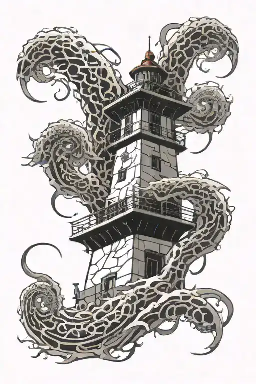 crakin tentacles wraping around lighthouse in Japanese style tattoo design idea