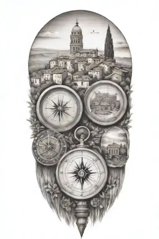edges that fade and blend softly, italian tuscany landscape, pantheon, with trees and a compass  tattoo design idea