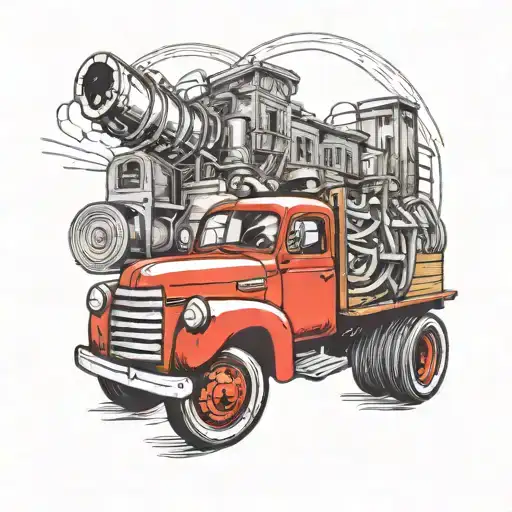 1952 red GMC truck driving through a musical staff tattoo design idea