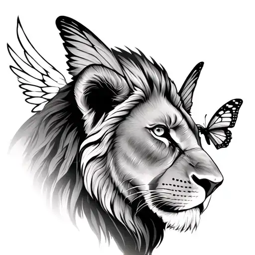 lion head looking right with a butterfly landing on the nose. the lion eyes have sparkles and angelic wings on the back. tattoo design idea