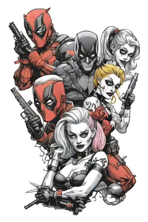 deadpool, harley quinn, joker holding tattoo design idea