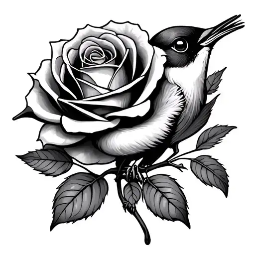 a rose and a wren bird tattoo design idea
