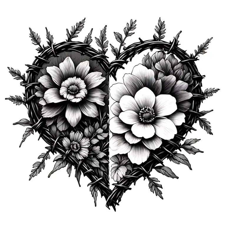 half flowers half barbed wire heart shape tattoo design idea