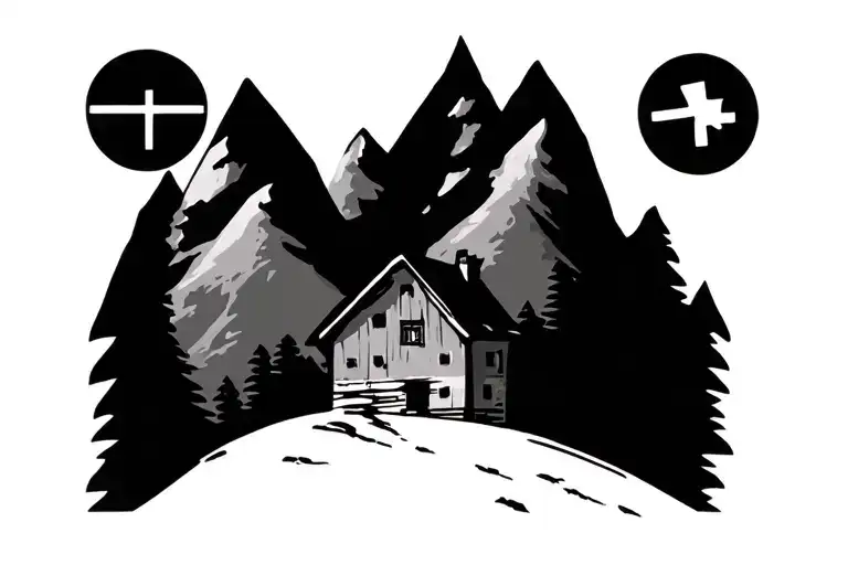 Swiss alps with small house tattoo design idea