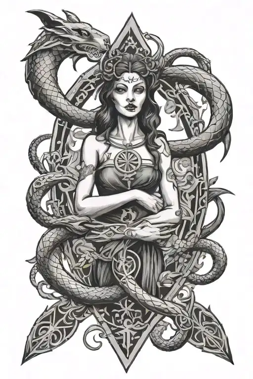 Hecate, protection rune, snake, dagger tattoo design idea